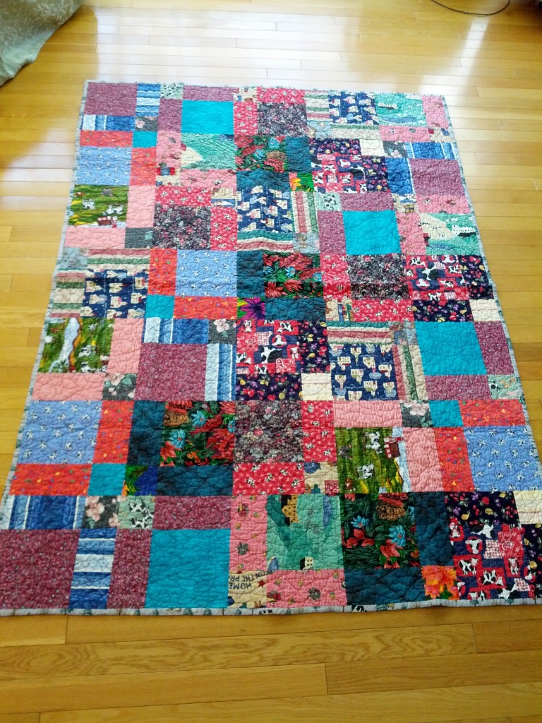Made from scraps from my Grandma Lou - mostly from clothes she made me. Used them to make a disappearing nine-patch quilt. First quilt that I quilted on a Long-arm. 